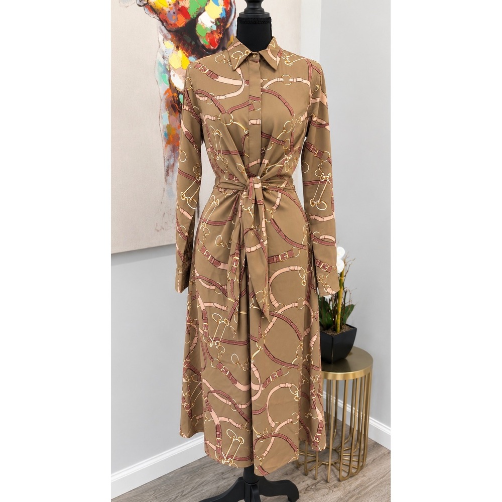 NWT Lauren Ralph Lauren Belting-Print Tie-Front Crepe Shirtdress - Size 4 Camel